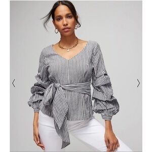 Renee C. Black Top Tiered Sleeved White Black Striped M Belted V-Neck Cotton